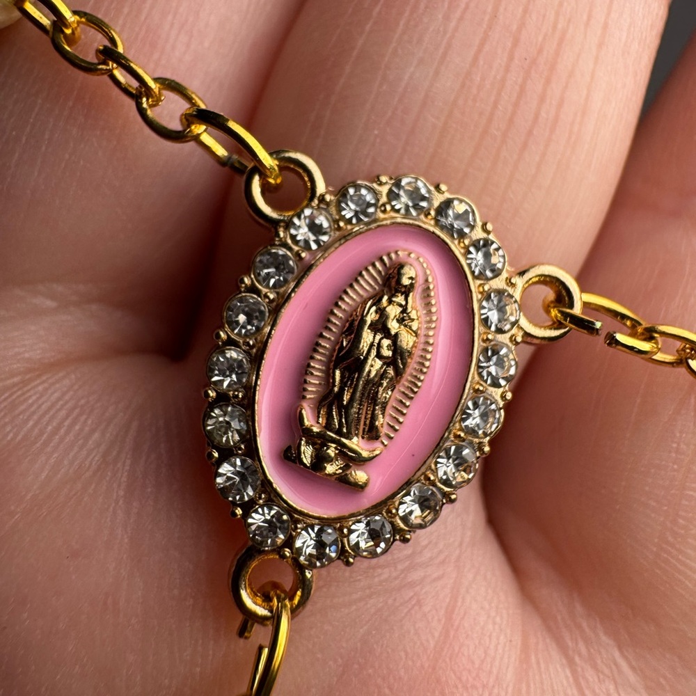 Pink & Gold Rosary Bag Charm/Keychain | Pearls, Crucifix & Lady Guadalupe Accent - Picture 8 of 12